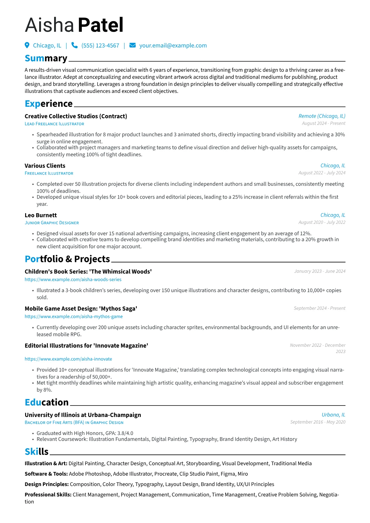 Freelance Illustrator resume example, Career changer, page 1