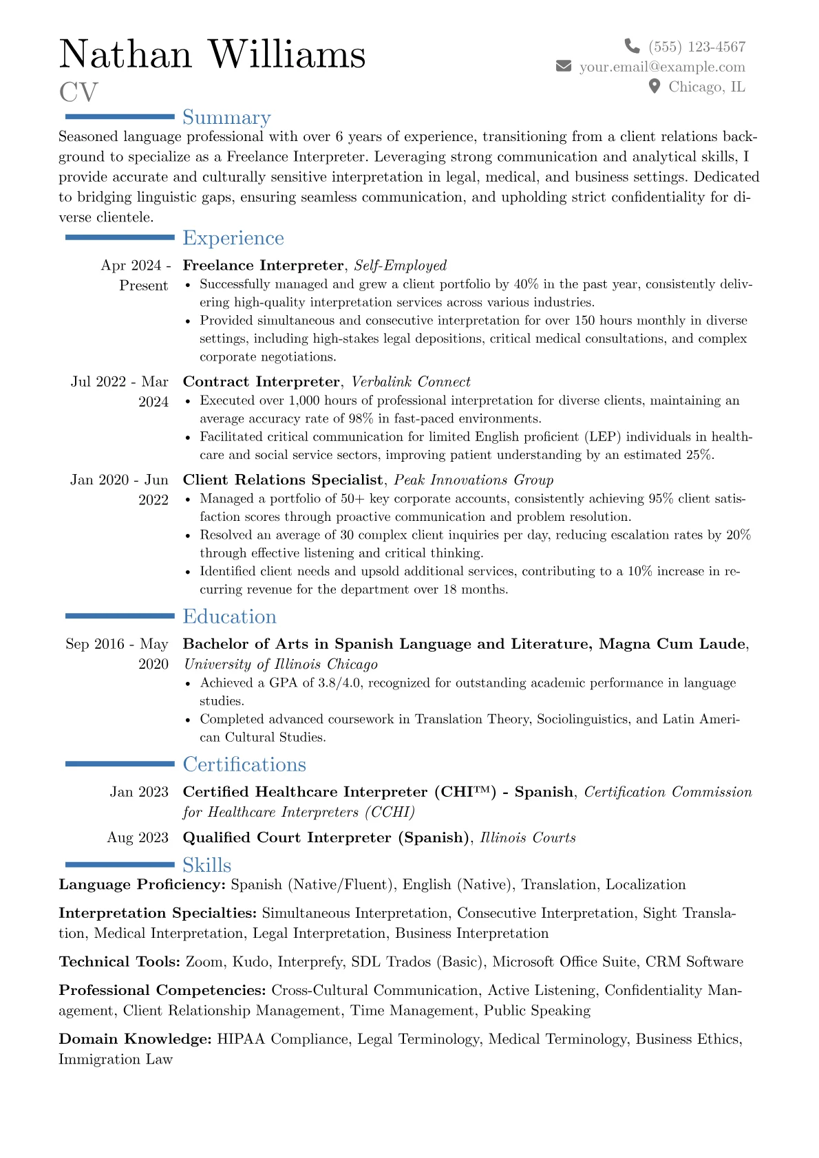 Freelance Interpreter resume example, Career changer, page 1