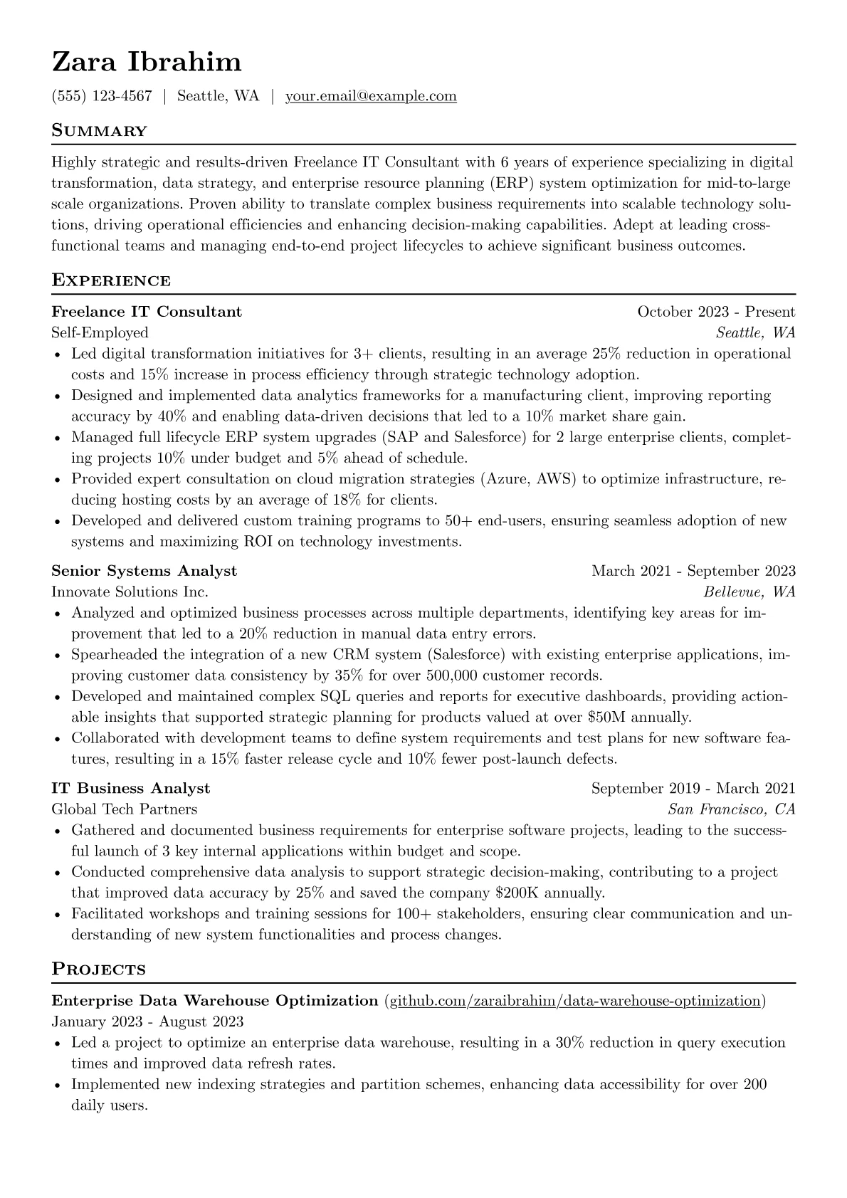 Freelance IT Consultant resume example, Digital Transformation, page 1