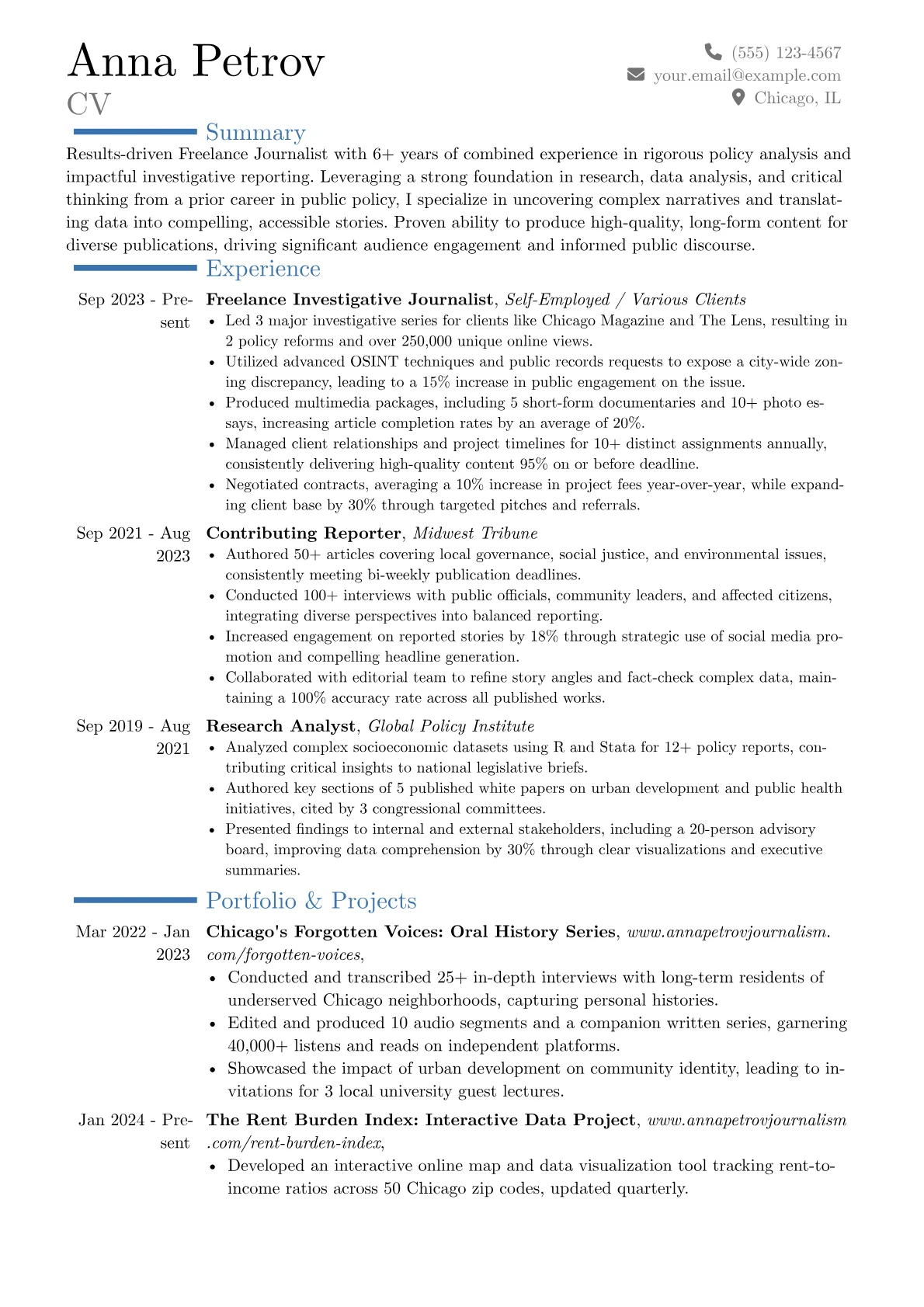 Freelance Journalist resume example, Career changer, page 1