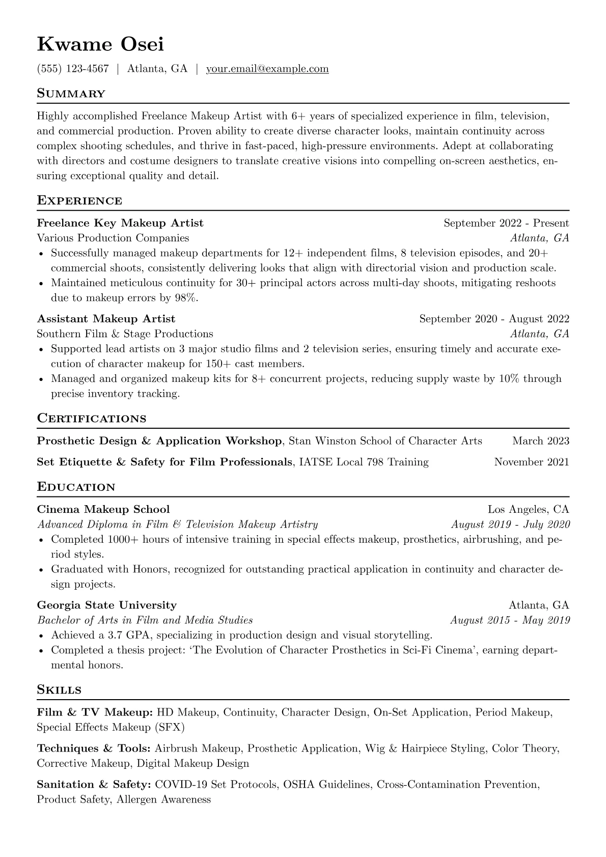 Freelance Makeup Artist resume example, Freelance Film & TV Makeup, page 1
