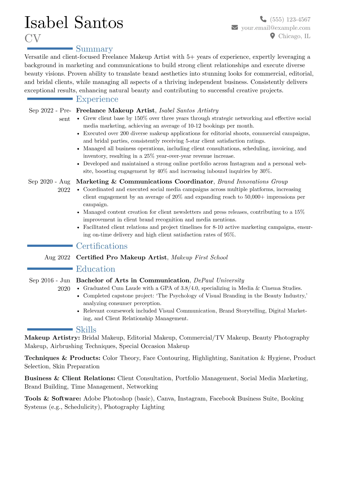 Freelance Makeup Artist resume example, Career changer, page 1