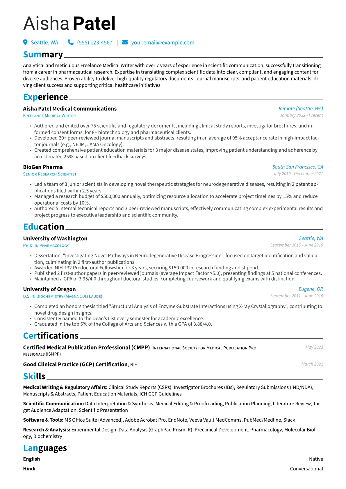Freelance Medical Writer resume example, Career changer, page 1