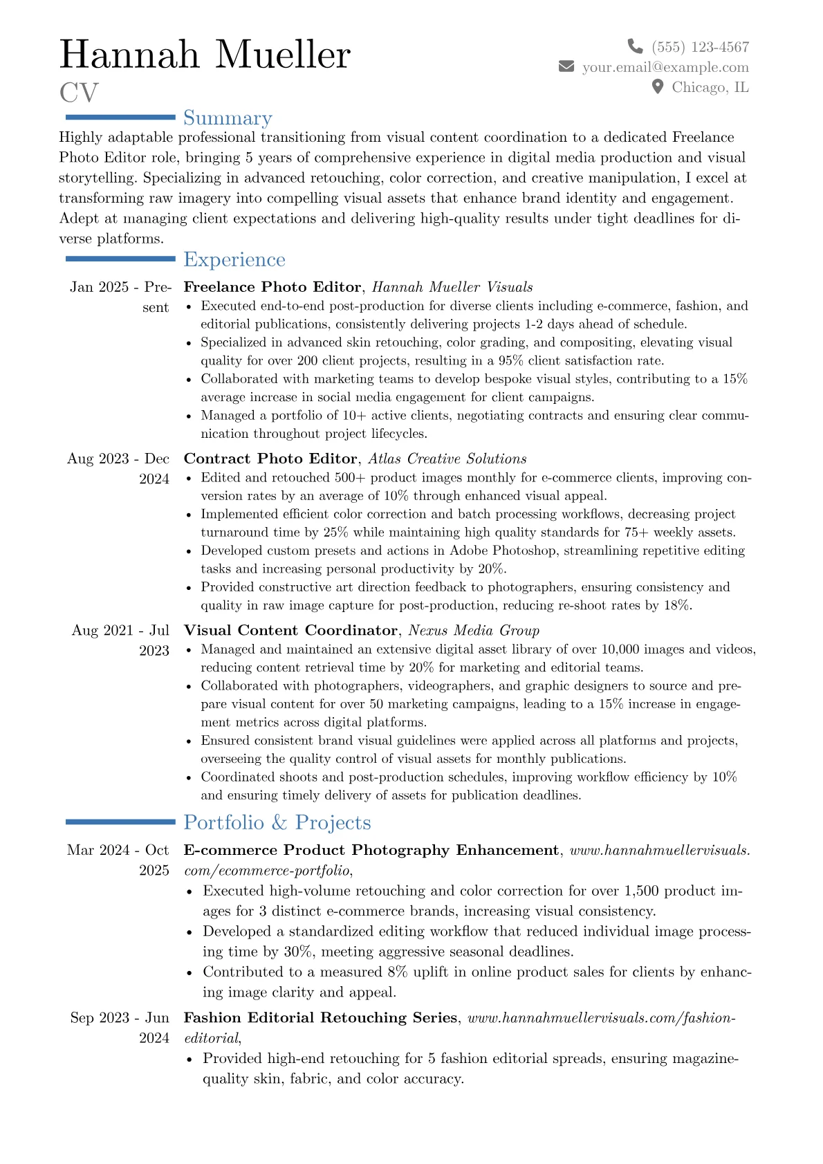 Freelance Photo Editor resume example, Career changer, page 1