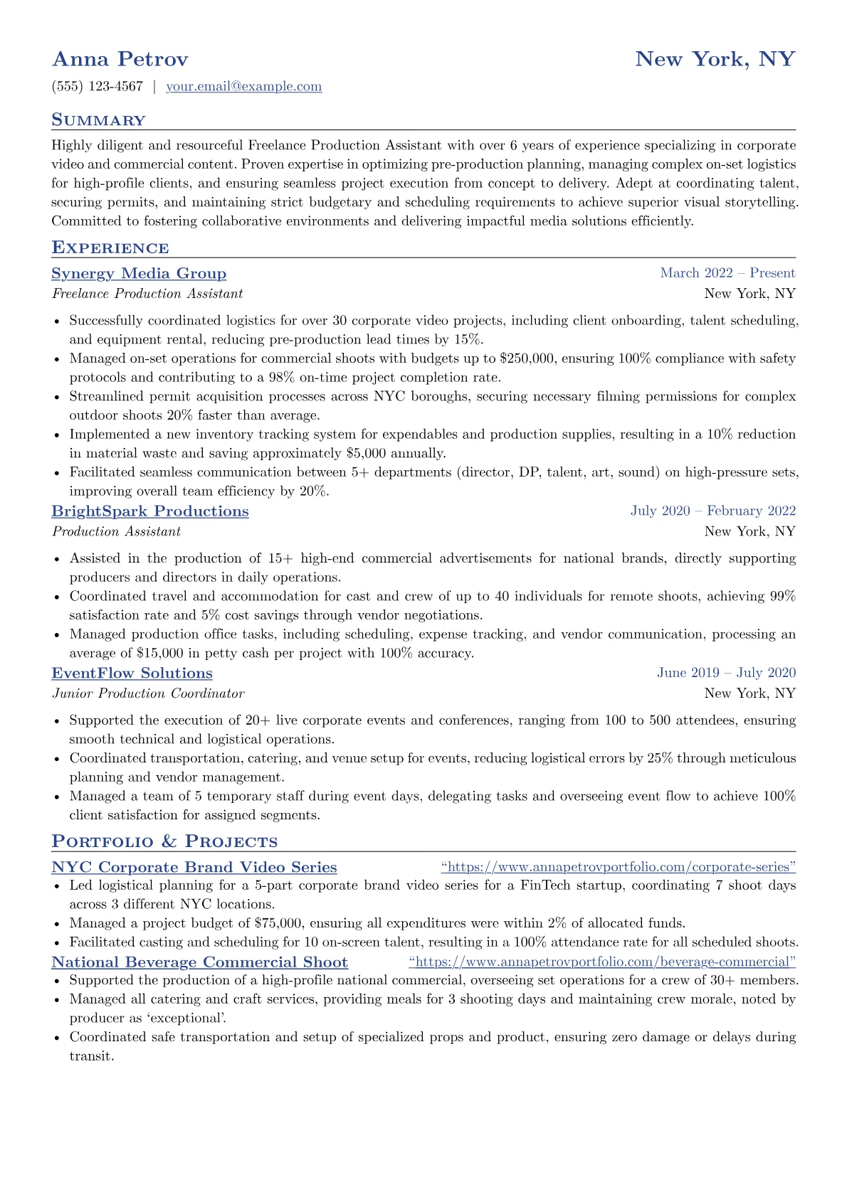 Freelance Production Assistant resume example, Freelance Production, page 1