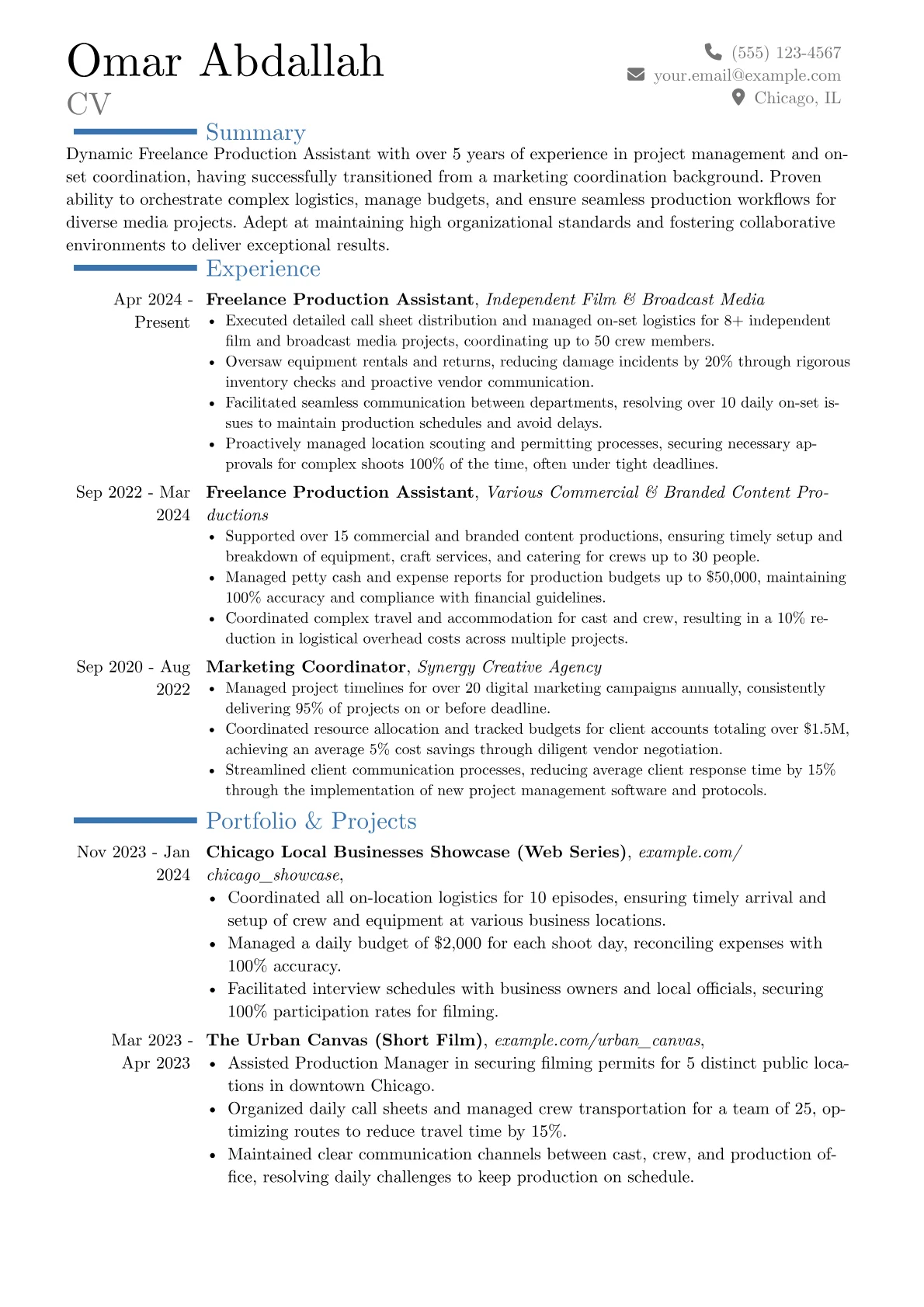 Freelance Production Assistant resume example, Career changer, page 1