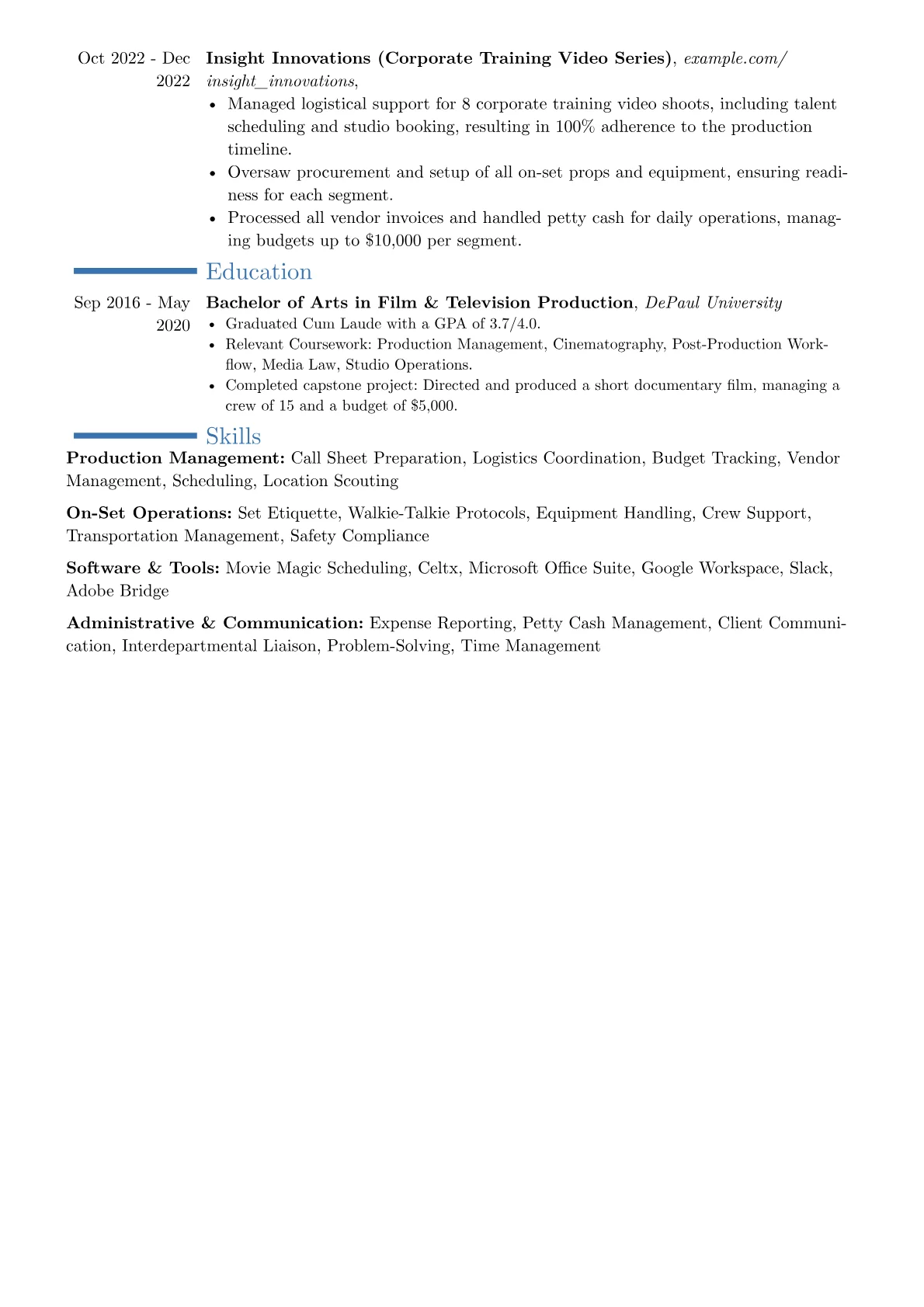 Freelance Production Assistant resume example, Career changer, page 2