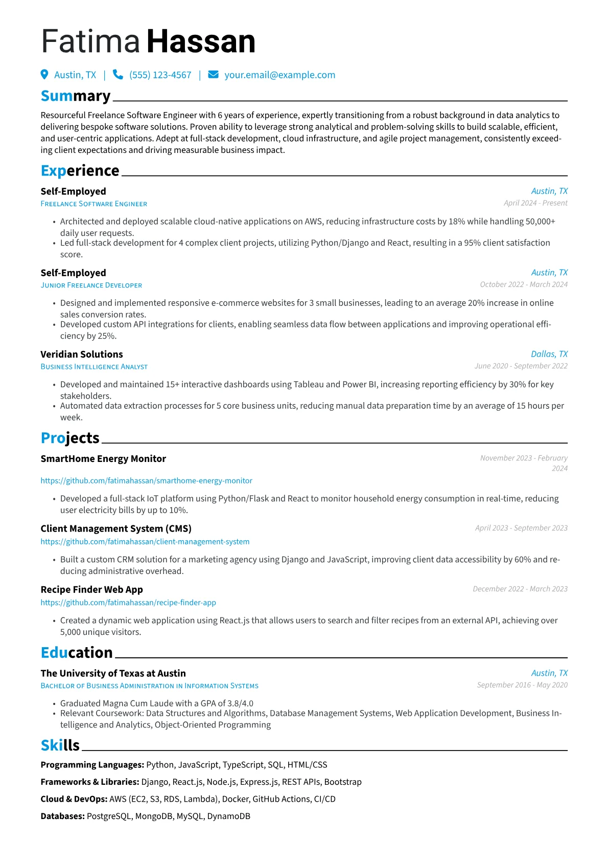 Freelance Programmer resume example, Career changer, page 1