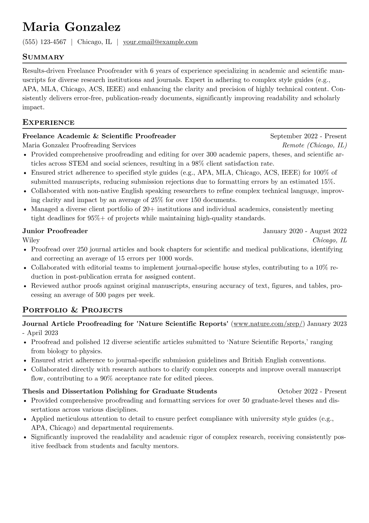Freelance Proofreader resume example, Academic/Scientific, page 1