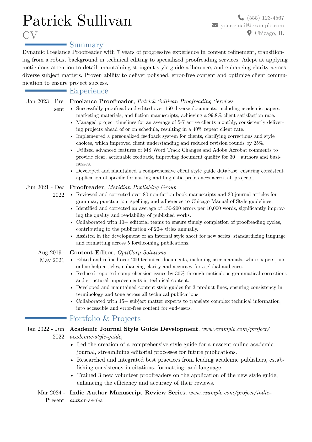 Freelance Proofreader resume example, Career changer, page 1