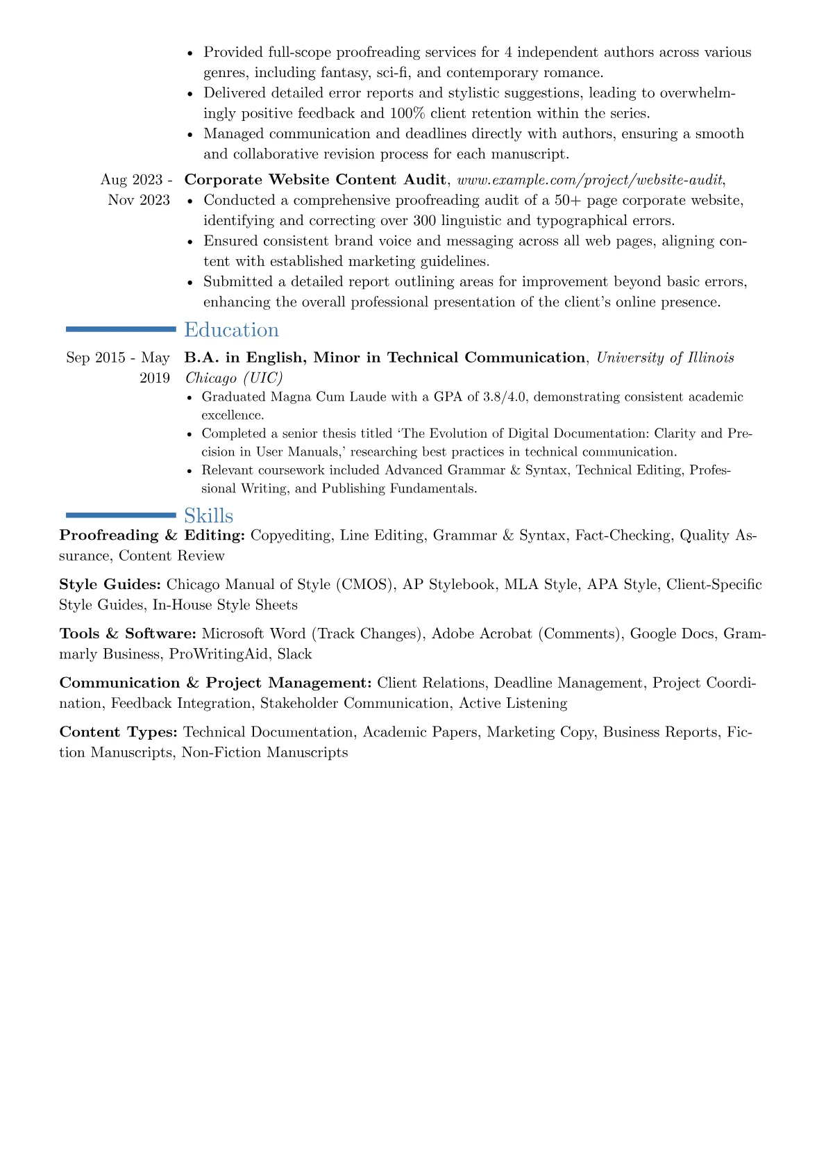 Freelance Proofreader resume example, Career changer, page 2