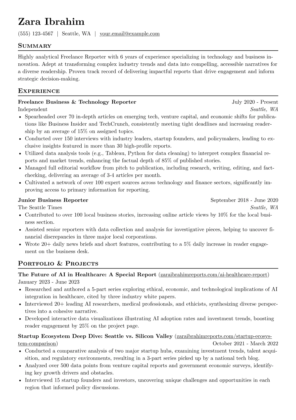 Freelance Reporter resume example, Freelance Reporter - Tech, page 1