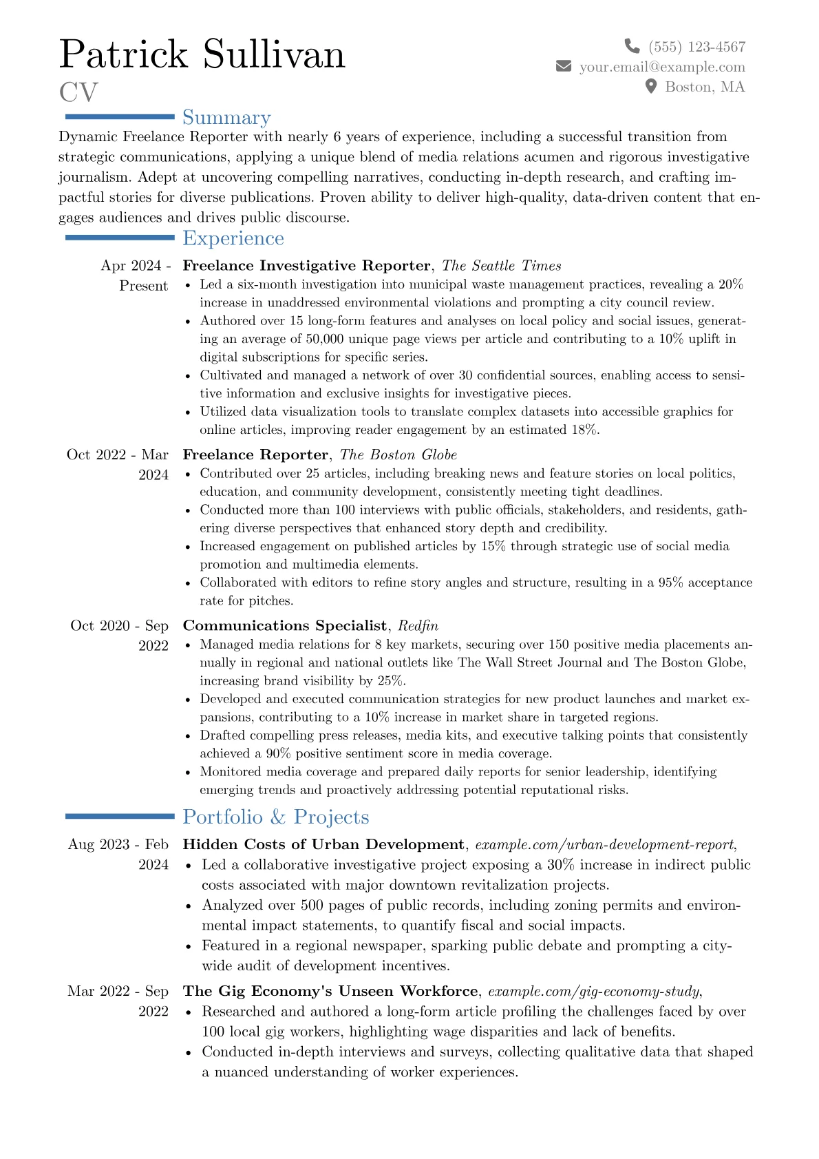 Freelance Reporter resume example, Career changer, page 1