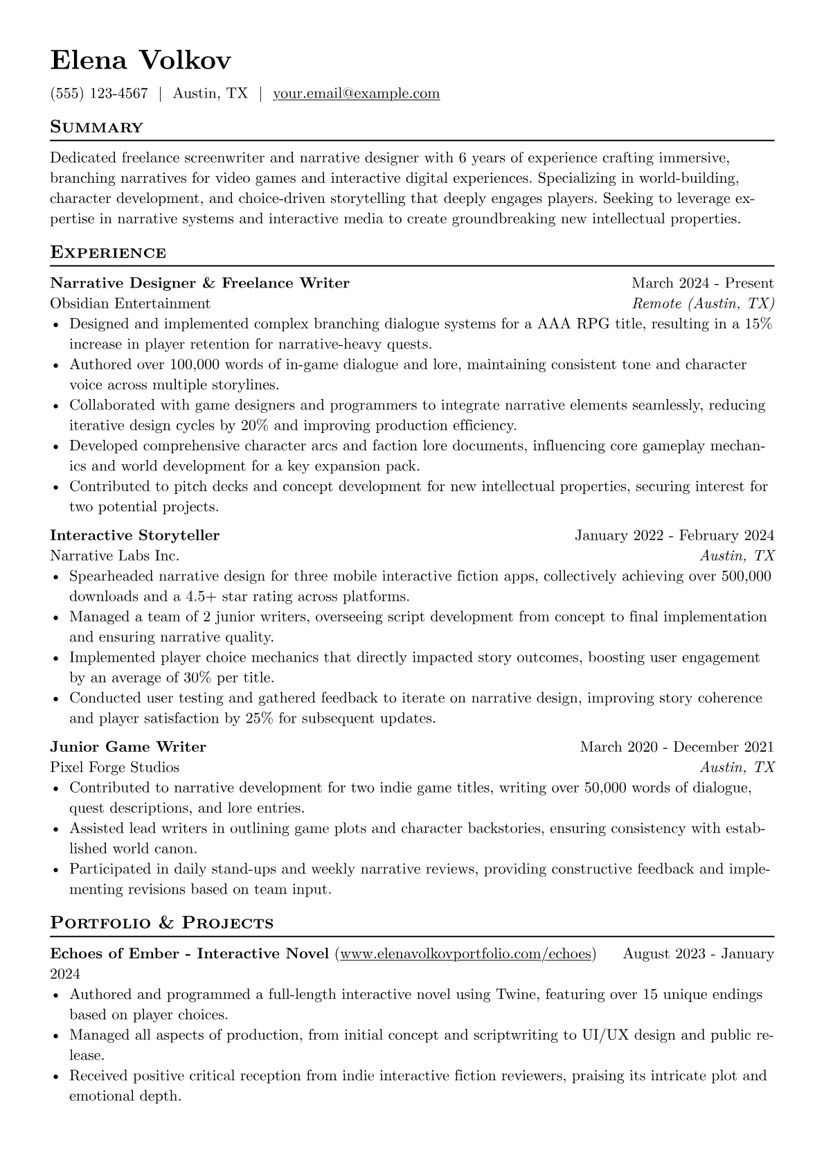 Freelance Screenwriter resume example, Freelance Screenwriter, page 1