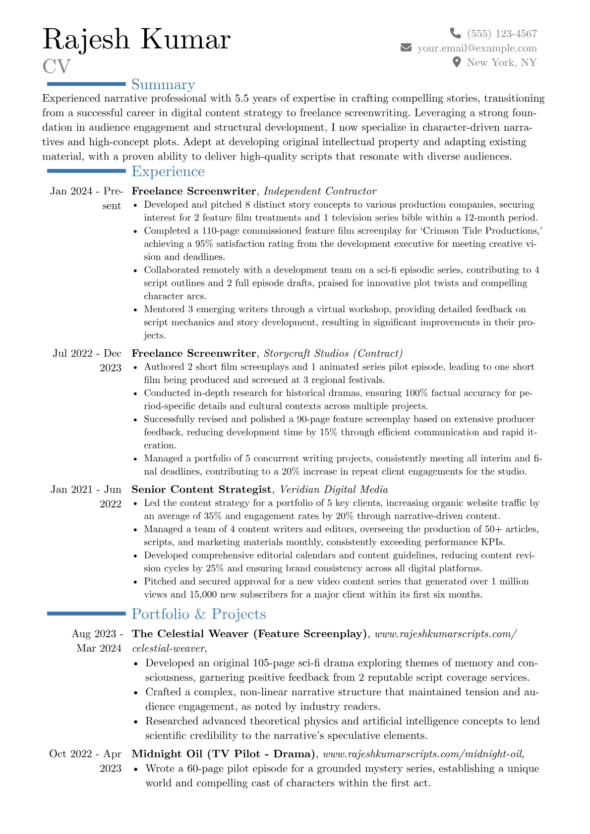 Freelance Screenwriter resume example, Career changer, page 1