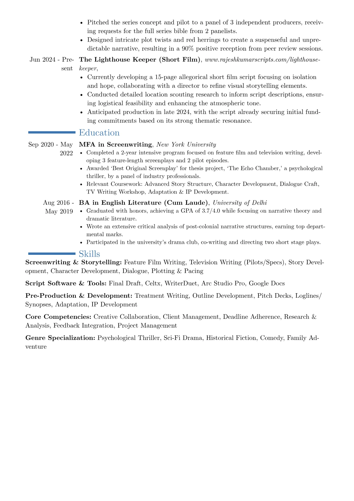 Freelance Screenwriter resume example, Career changer, page 2