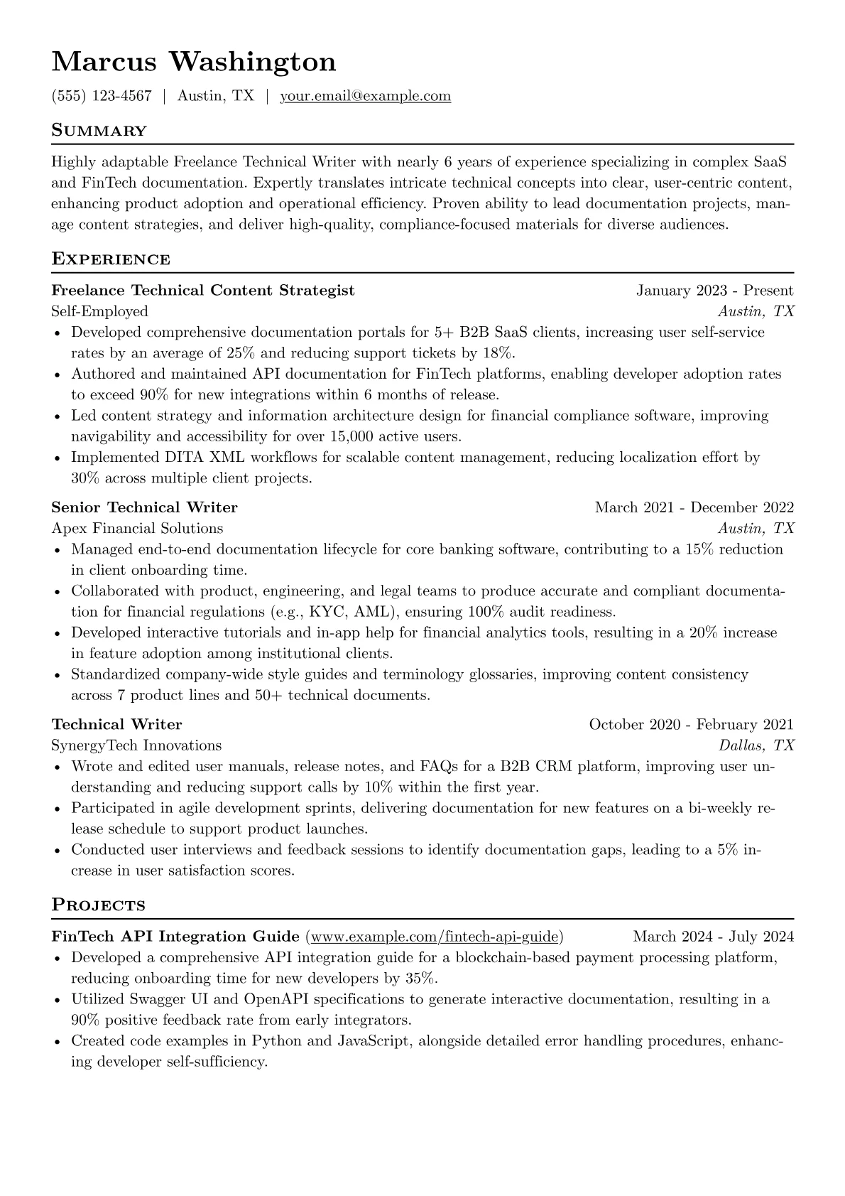 Freelance Technical Writer resume example, Freelance Technical Writer, page 1