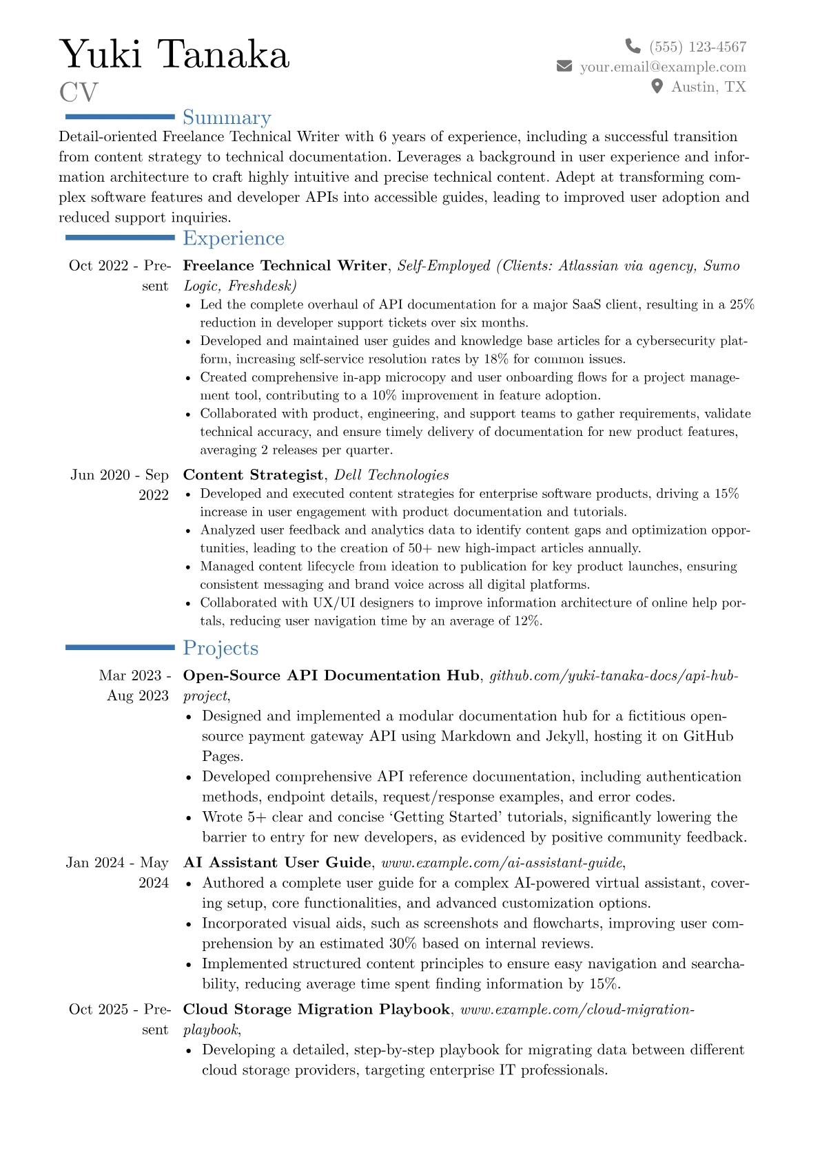 Freelance Technical Writer resume example, Career changer, page 1