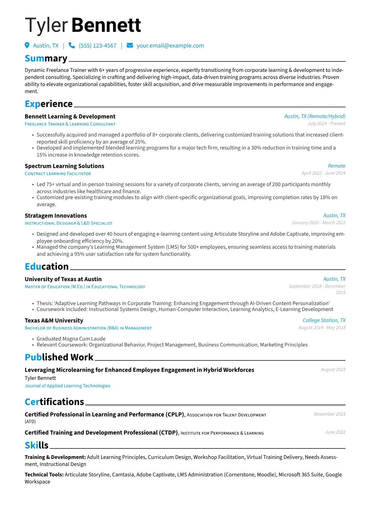 Freelance Trainer resume example, Career changer, page 1