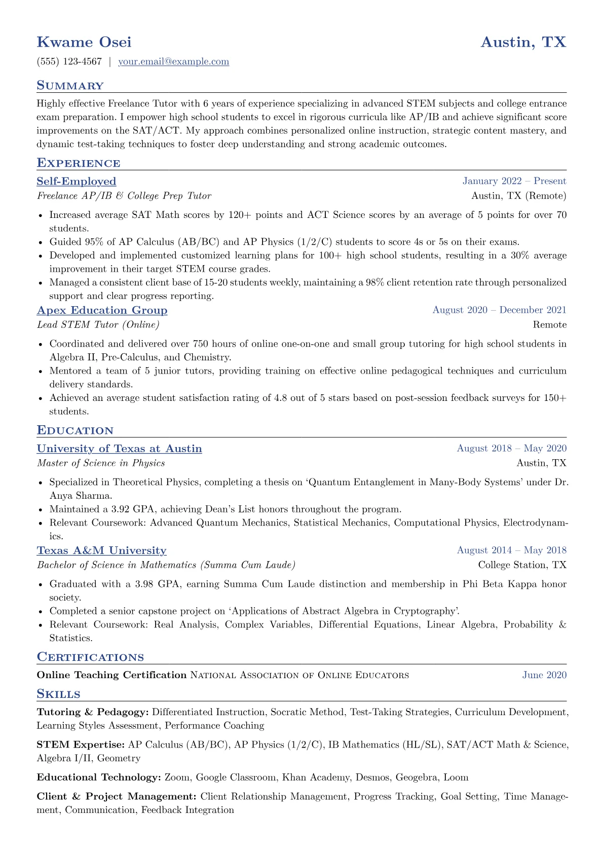 Freelance Tutor resume example, Freelance Tutor - AP/IB, page 1