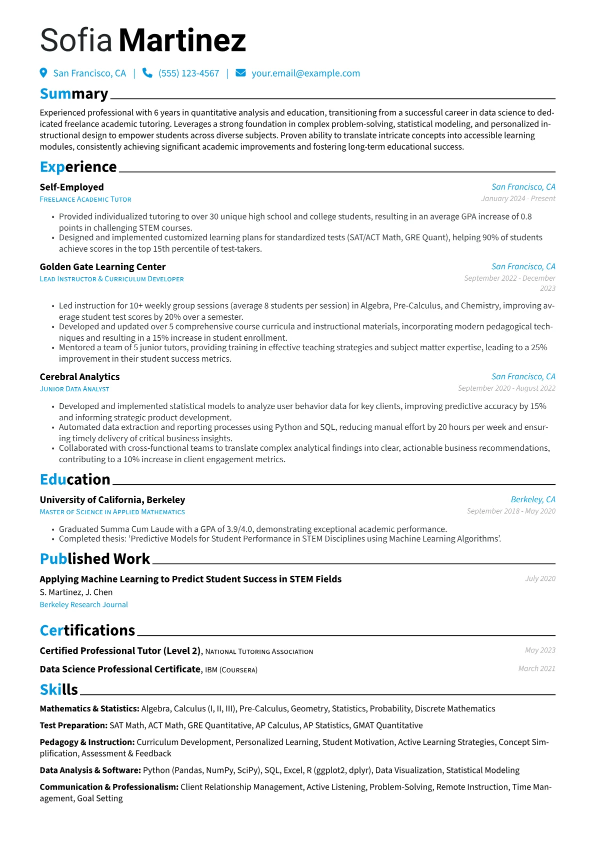 Freelance Tutor resume example, Career changer, page 1