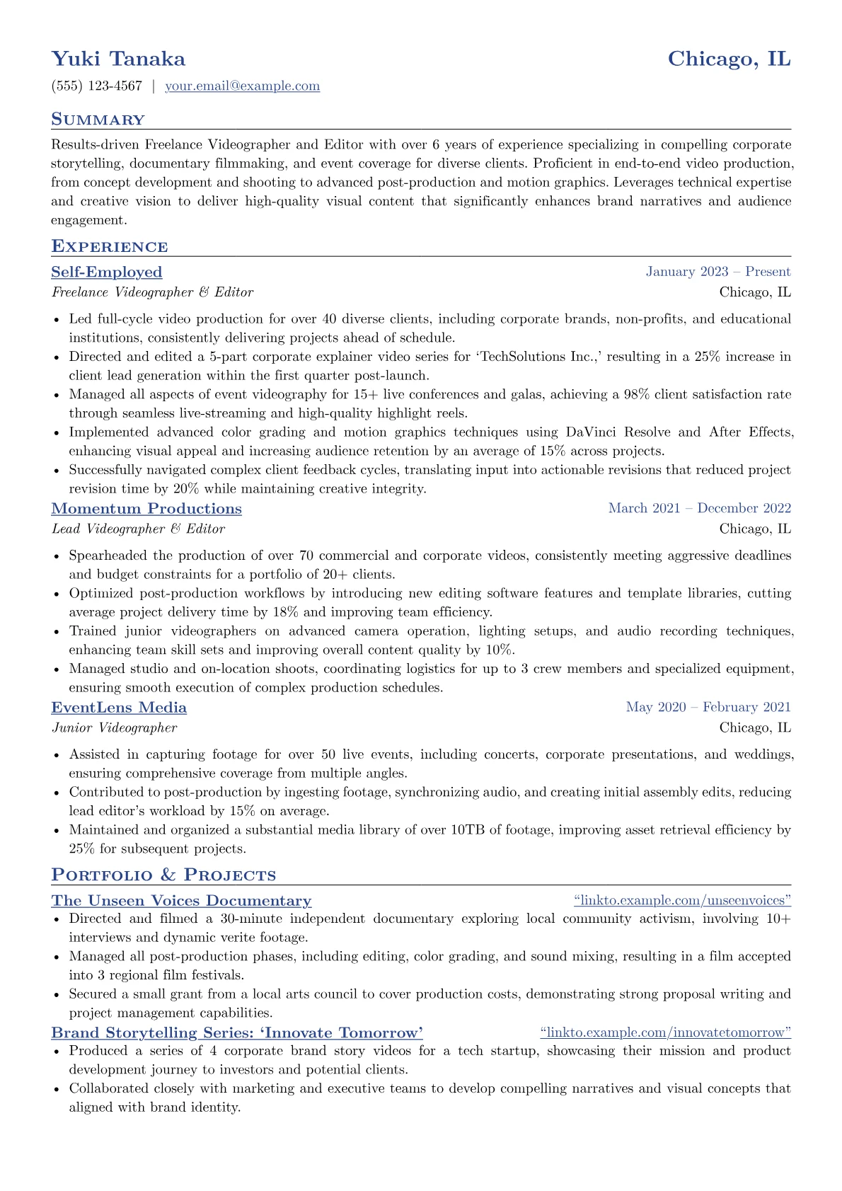 Freelance Videographer resume example, Video Production, page 1