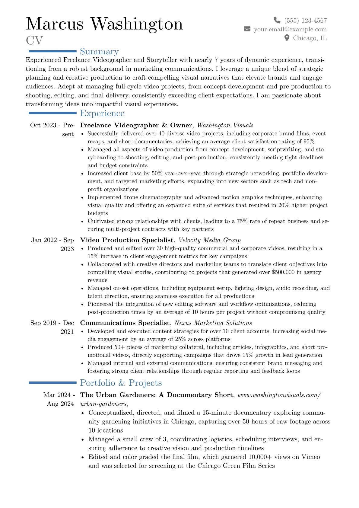 Freelance Videographer resume example, Career changer, page 1