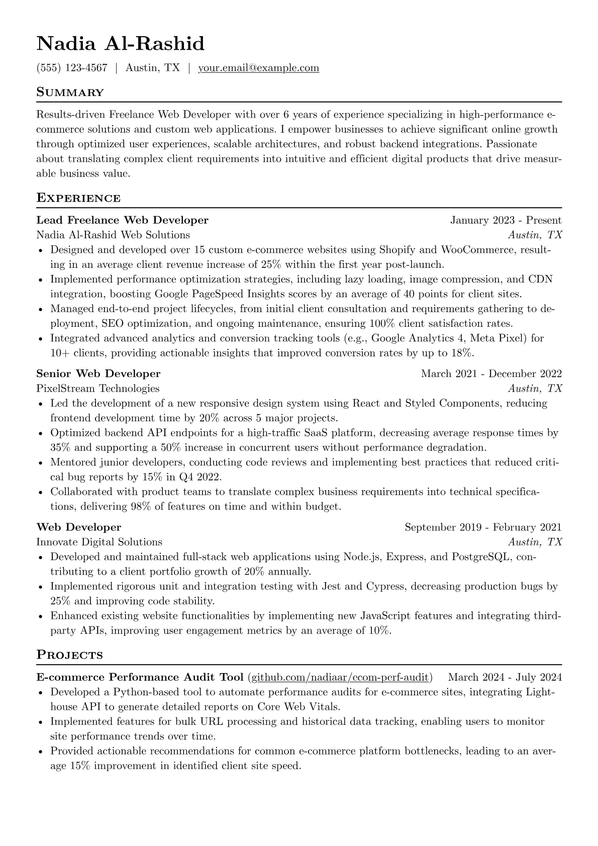 Freelance Web Developer resume example, Frontend, page 1