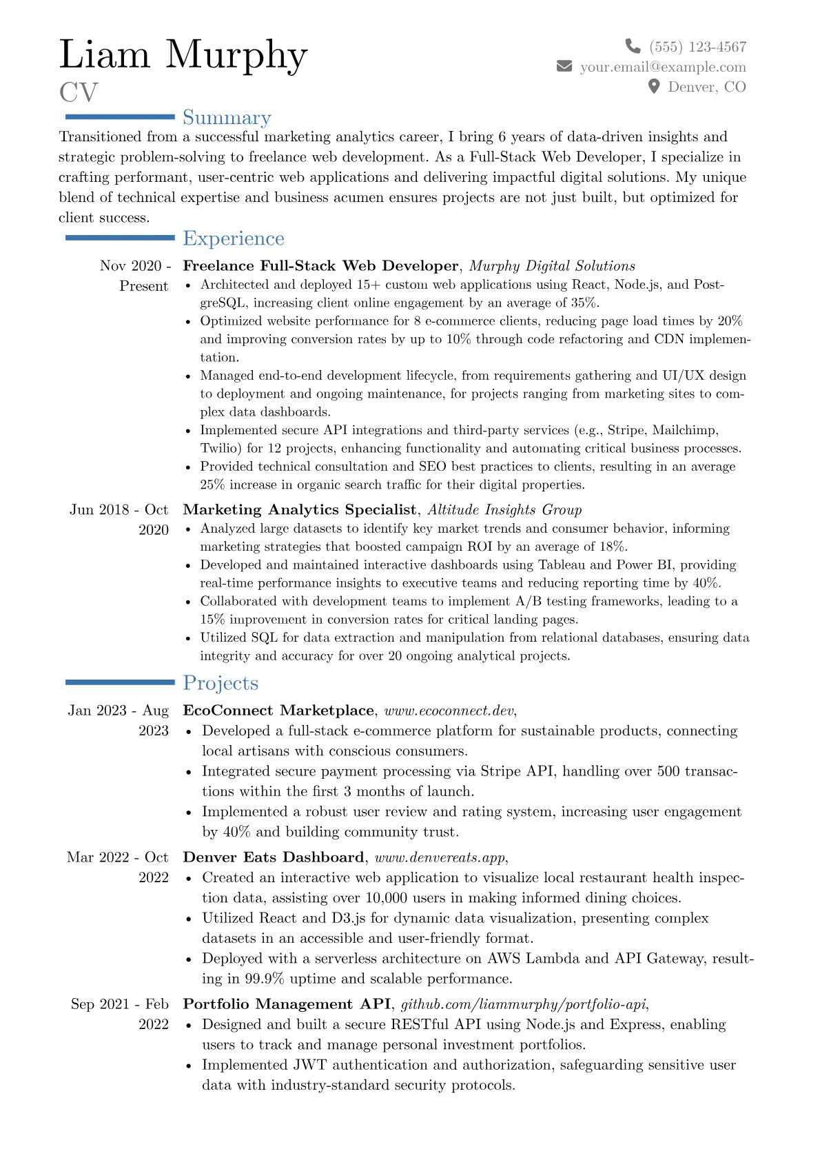 Freelance Web Developer resume example, Career changer, page 1