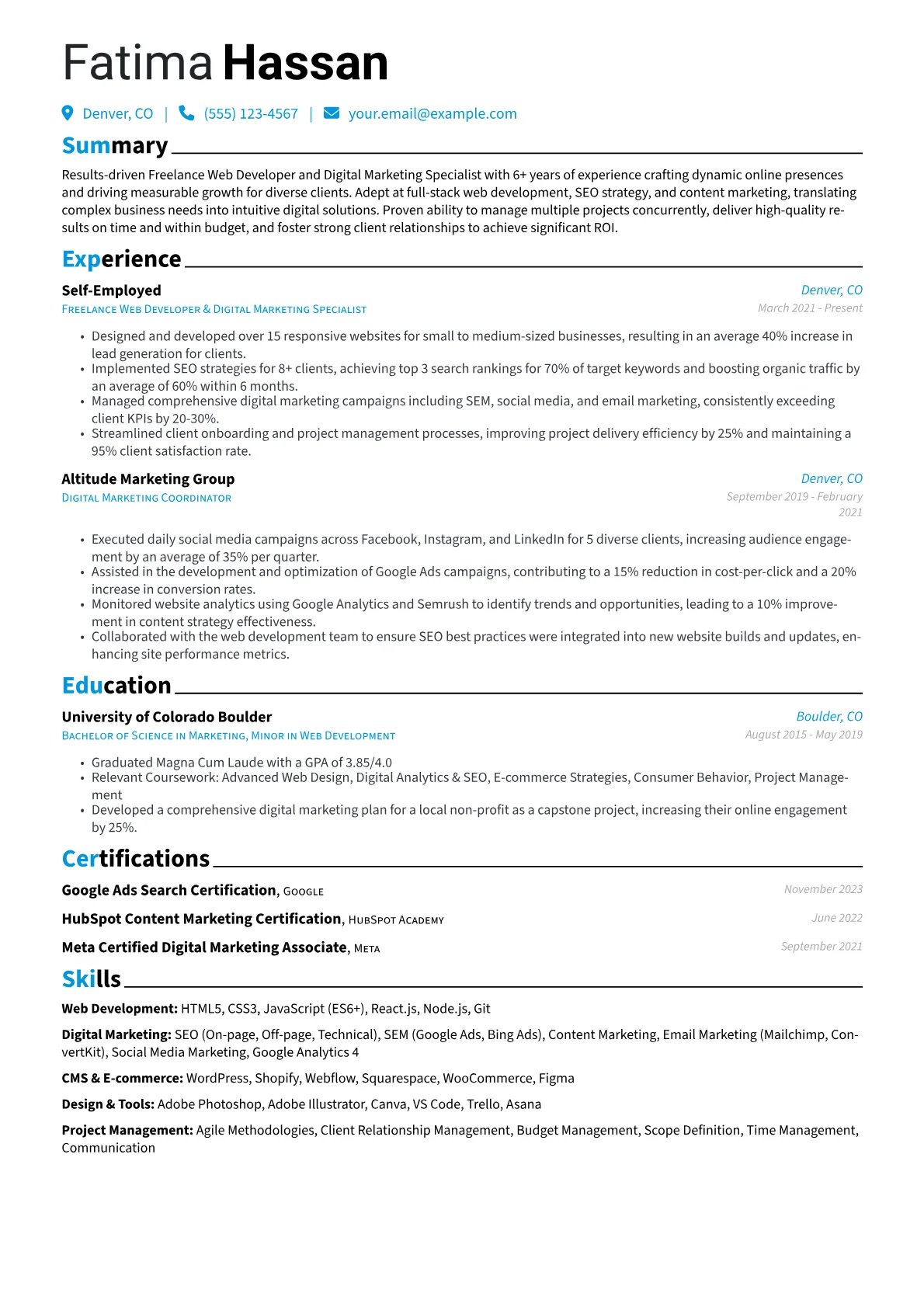 Freelancer resume example, Web Development, page 1