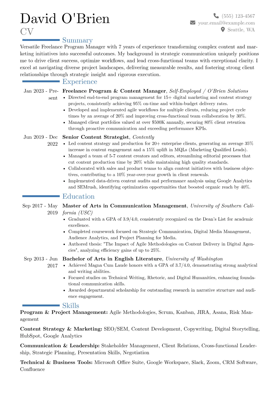 Freelancer resume example, Career changer, page 1