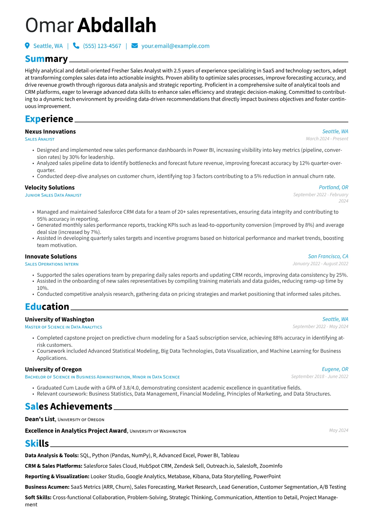 Fresher Sales Analyst resume example, SaaS Sales Analyst, page 1