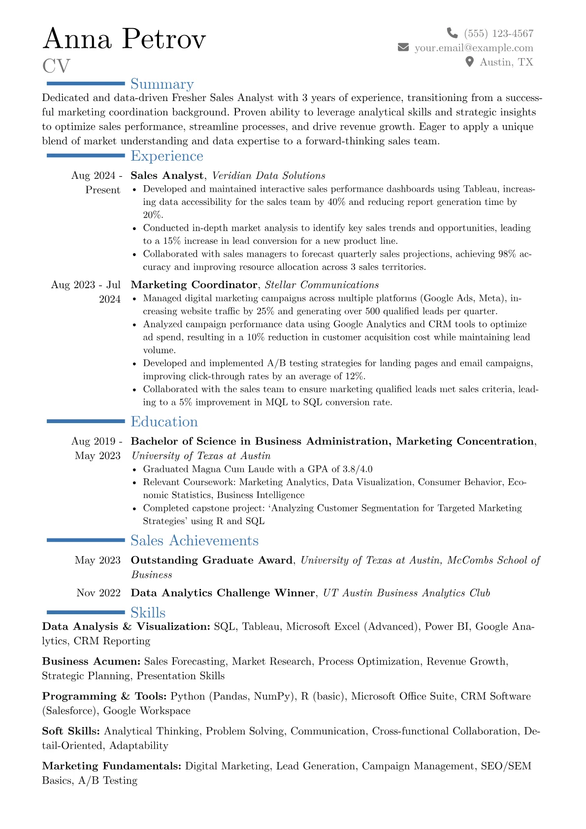 Fresher Sales Analyst resume example, Career changer, page 1