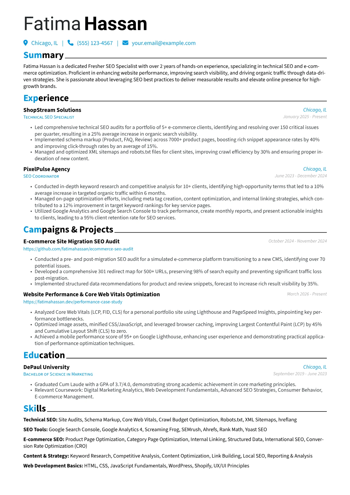 Fresher SEO Specialist resume example, Technical & E-commerce SEO, page 1