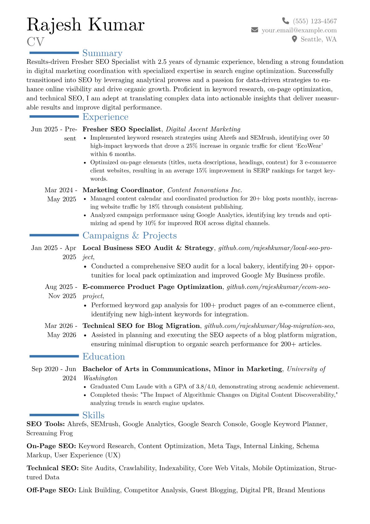 Fresher SEO Specialist resume example, Career changer, page 1