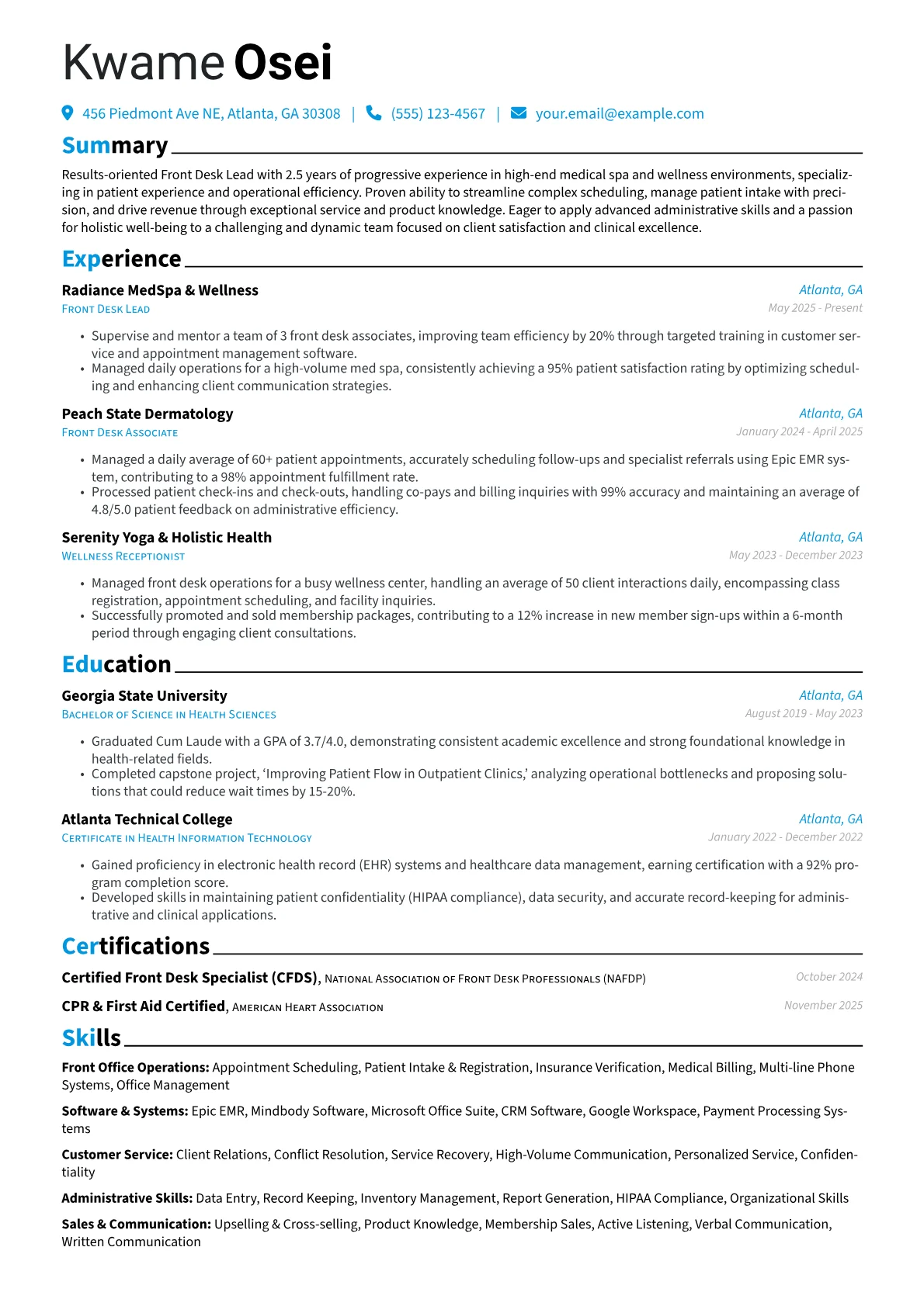 Front Desk Associate resume example, Front Desk Associate, page 1