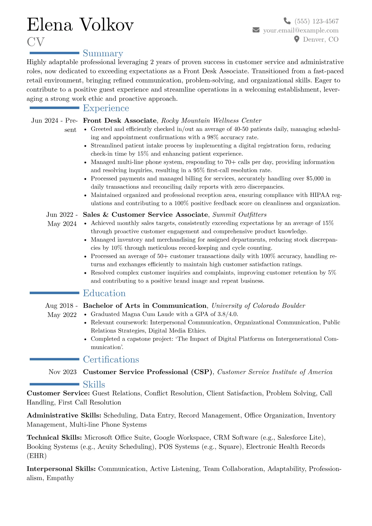 Front Desk Associate resume example, Career changer, page 1