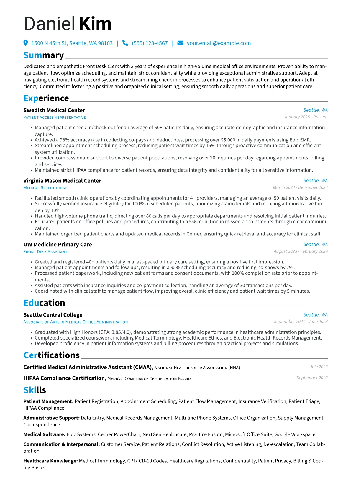 Front Desk Clerk resume example, Medical Front Desk Clerk, page 1