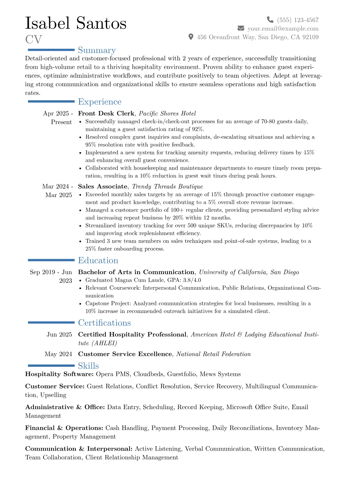 Front Desk Clerk resume example, Career changer, page 1