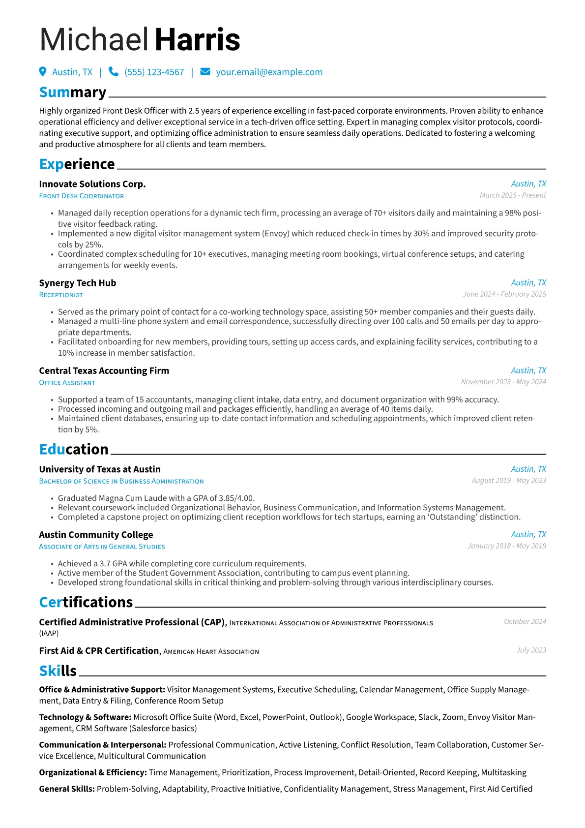 Front Desk Officer resume example, Office & Administrative, page 1