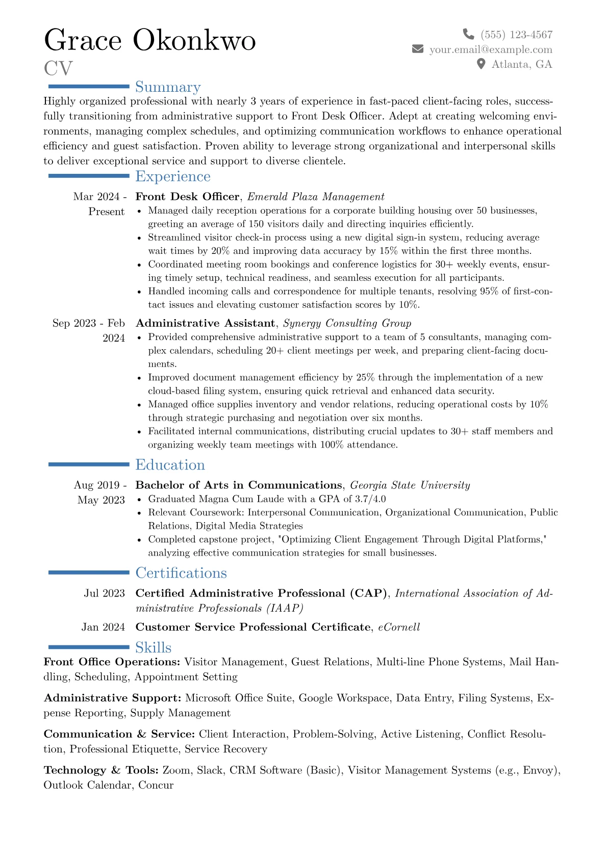 Front Desk Officer resume example, Career changer, page 1