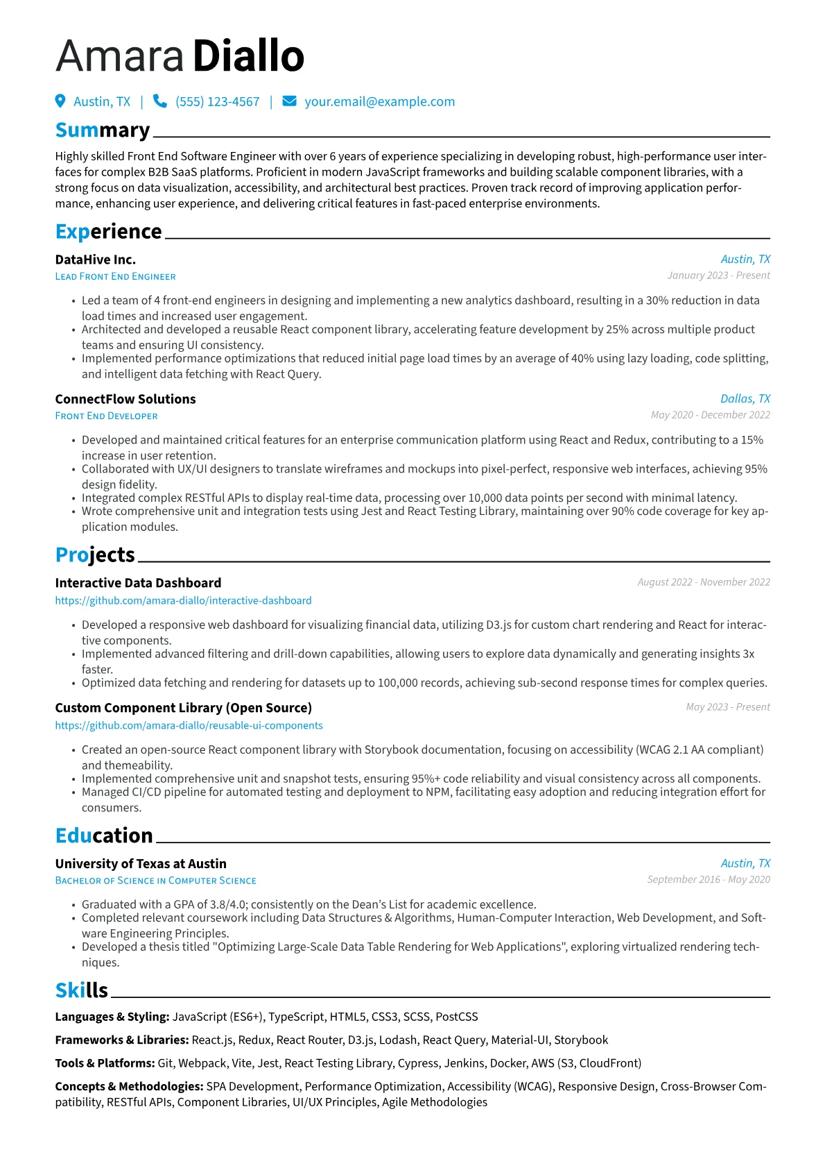 Front End Software Engineer resume example, Languages & Styling, page 1