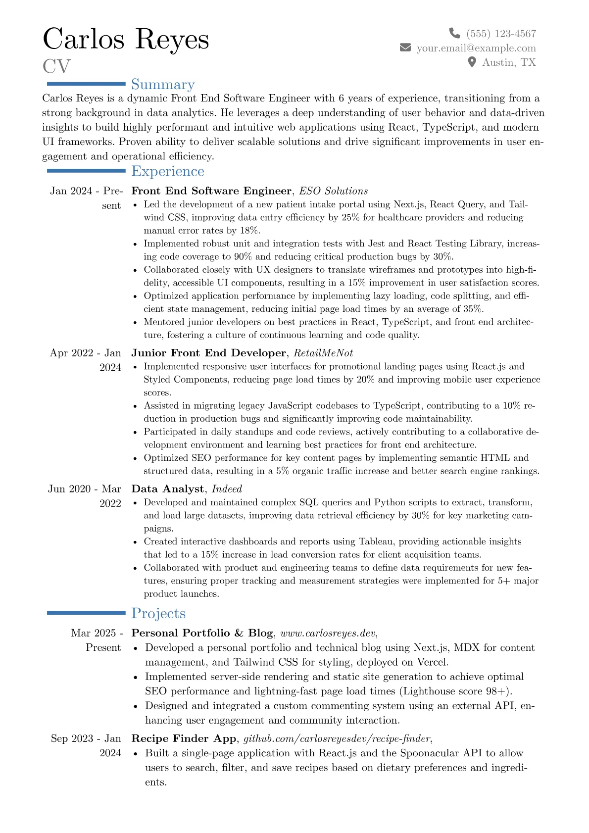 Front End Software Engineer resume example, Career changer, page 1
