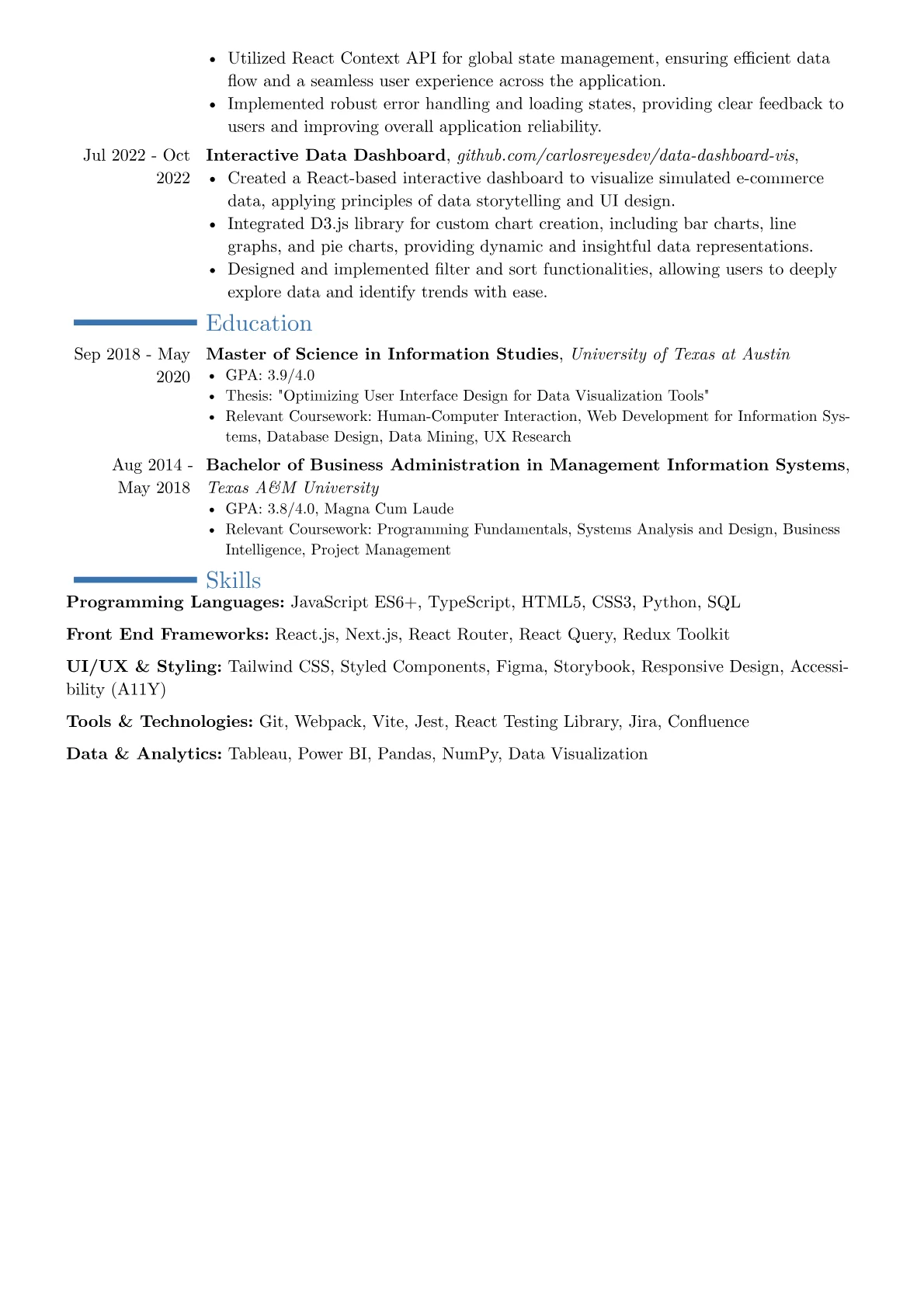 Front End Software Engineer resume example, Career changer, page 2