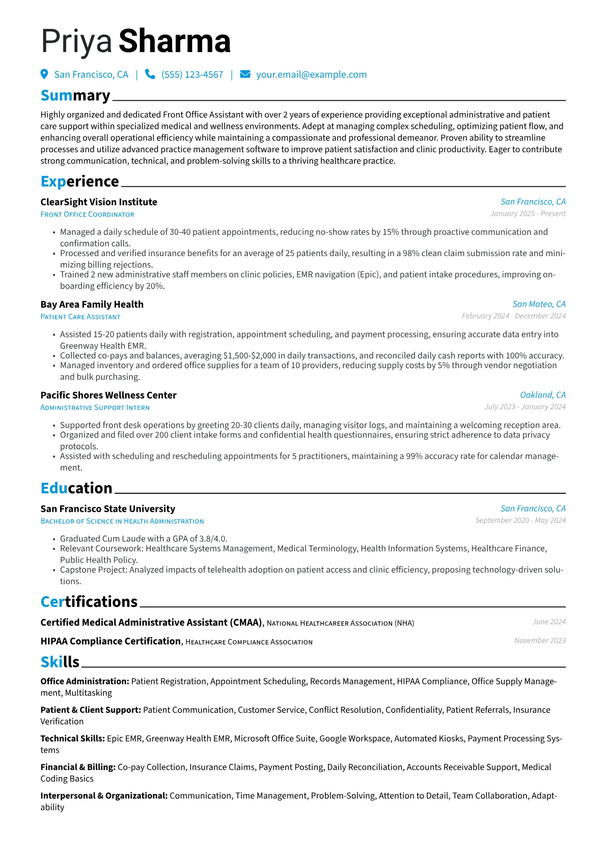 Front Office Assistant resume example, Specialized Medical Office, page 1