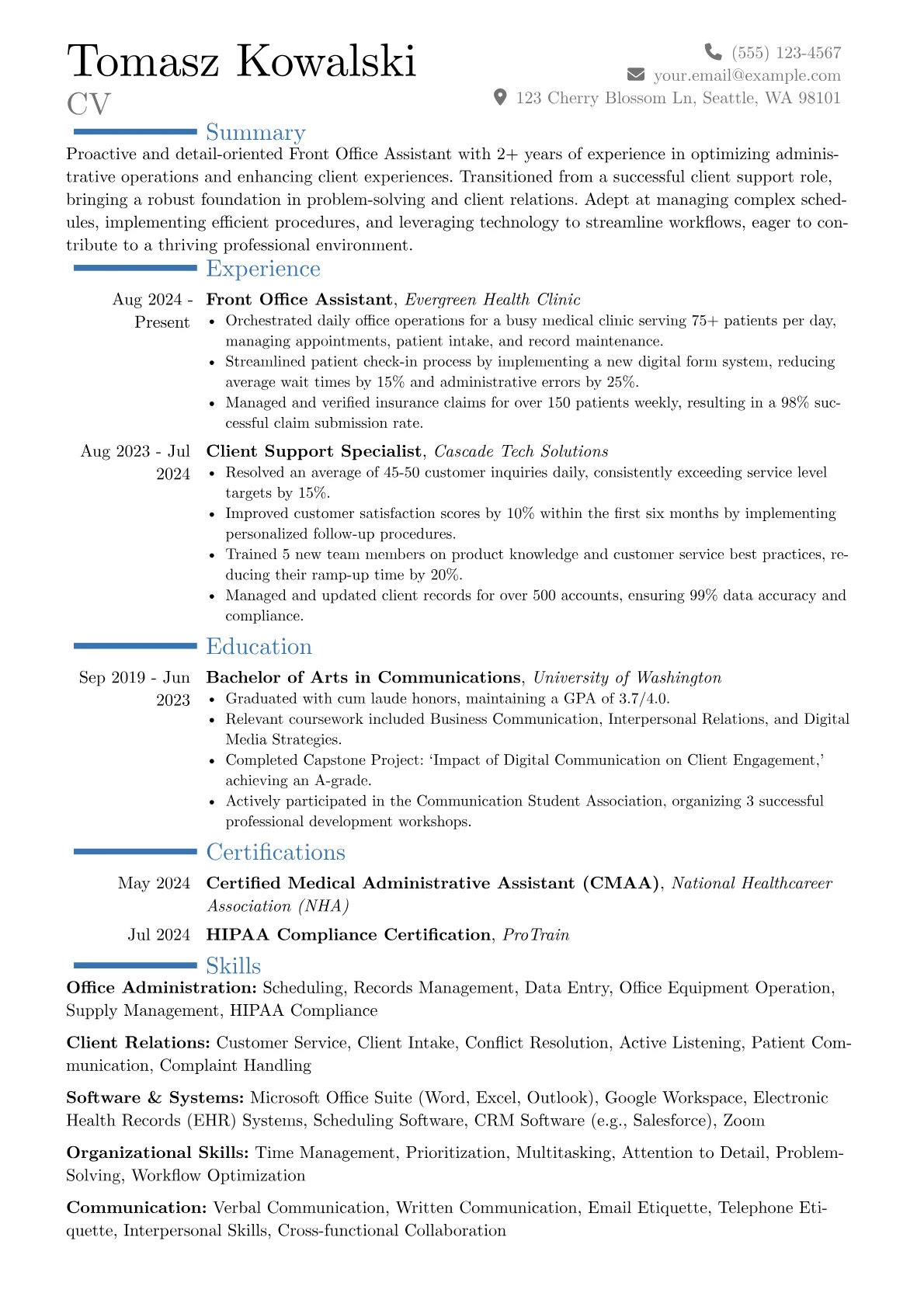 Front Office Assistant resume example, Career changer, page 1