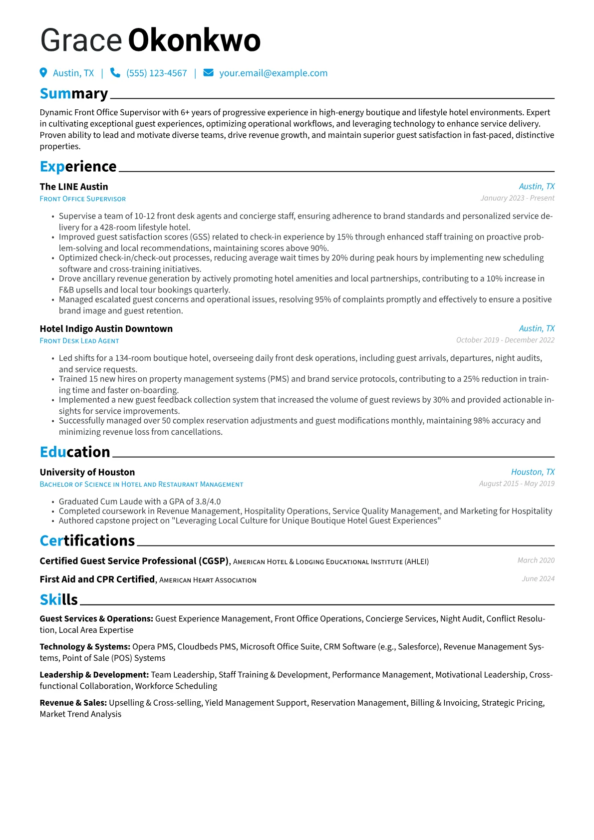 Front Office Supervisor resume example, Front Office Supervisor, page 1