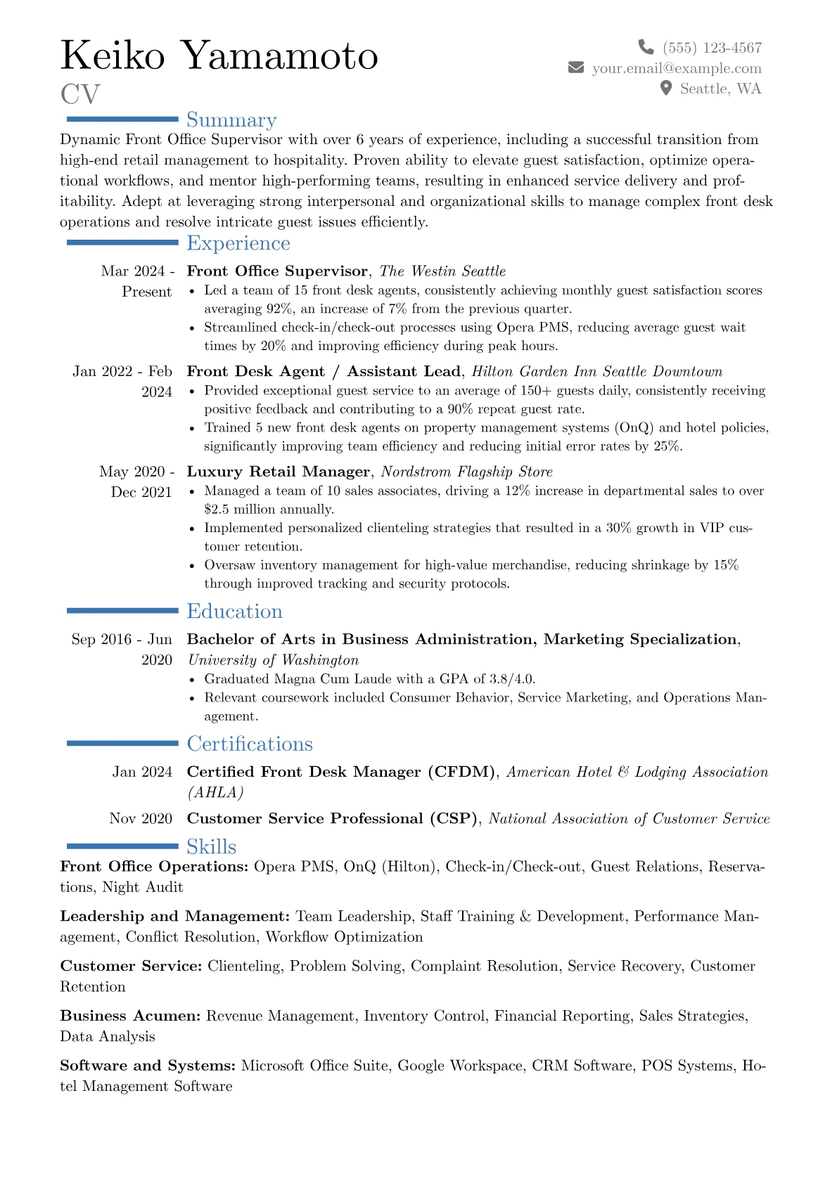 Front Office Supervisor resume example, Career changer, page 1