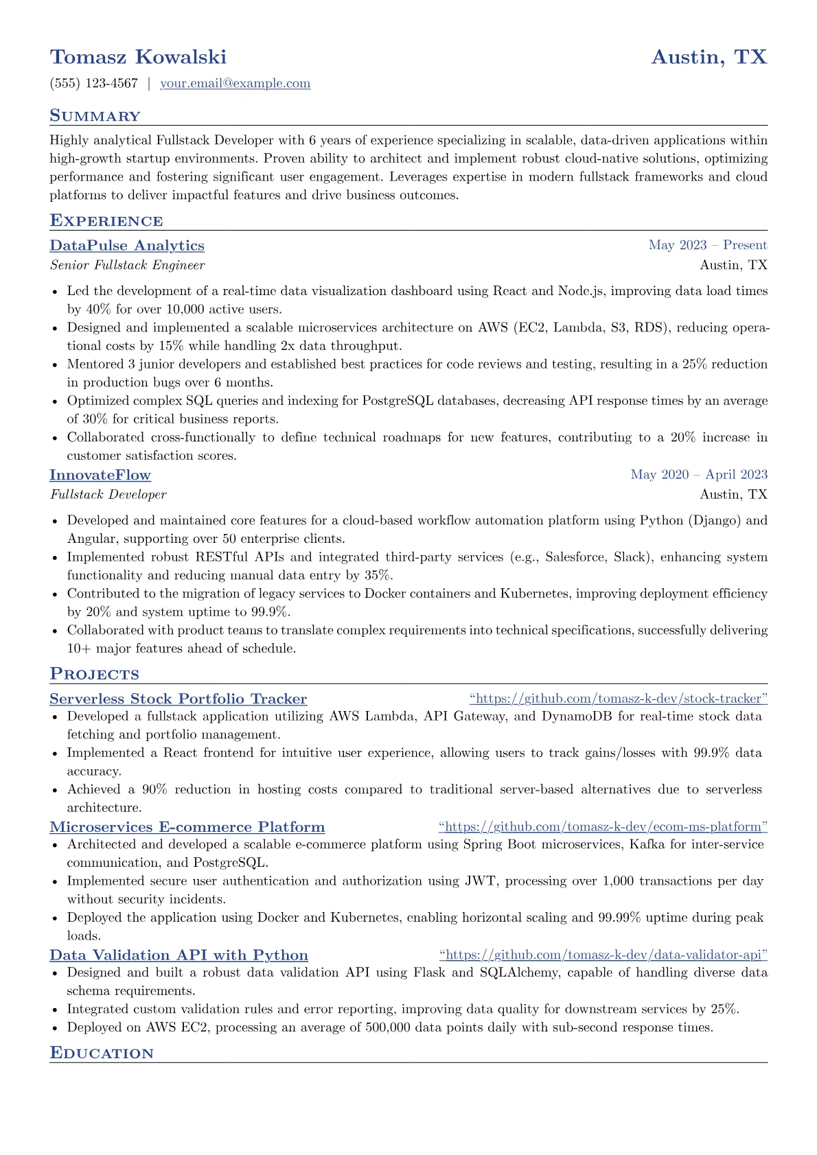 Fullstack Developer resume example, Programming Languages, page 1
