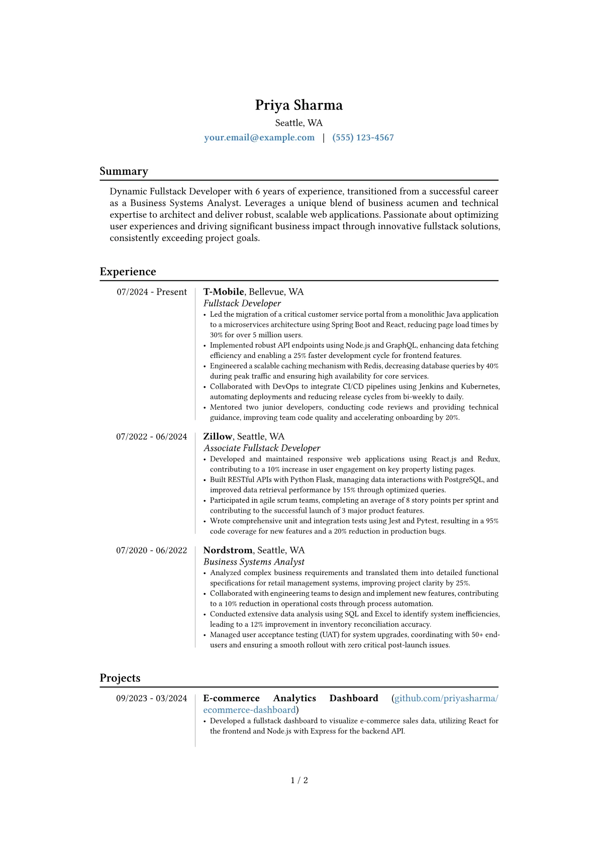 Fullstack Developer resume example, Career changer, page 1